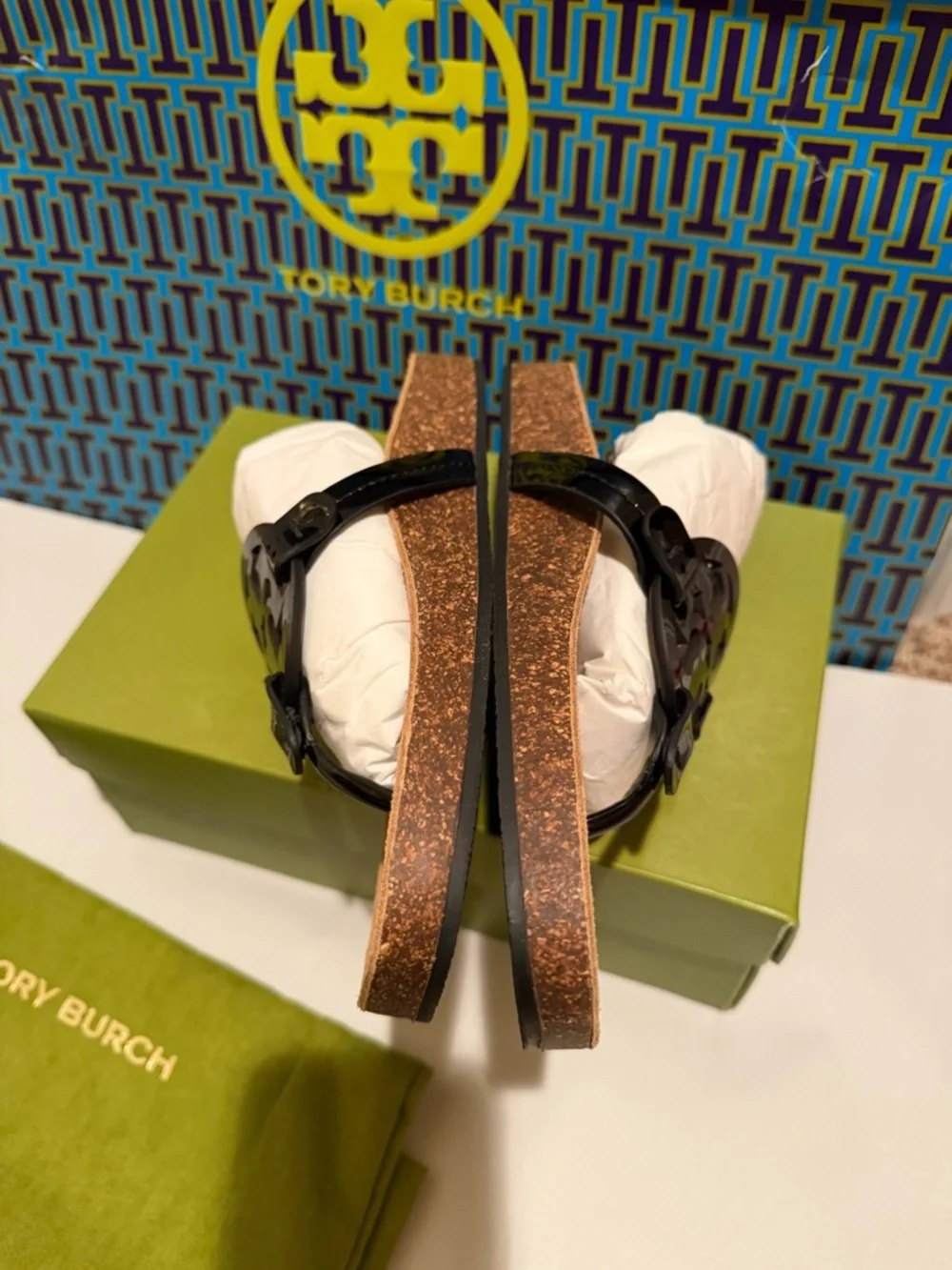 Tory Burch Miller Cloud Black Patent Logo Thong Sandals with Brown Suede Footbed